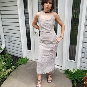 Adrianna Papell Beaded Lace Maxi Dress in Light Taupe